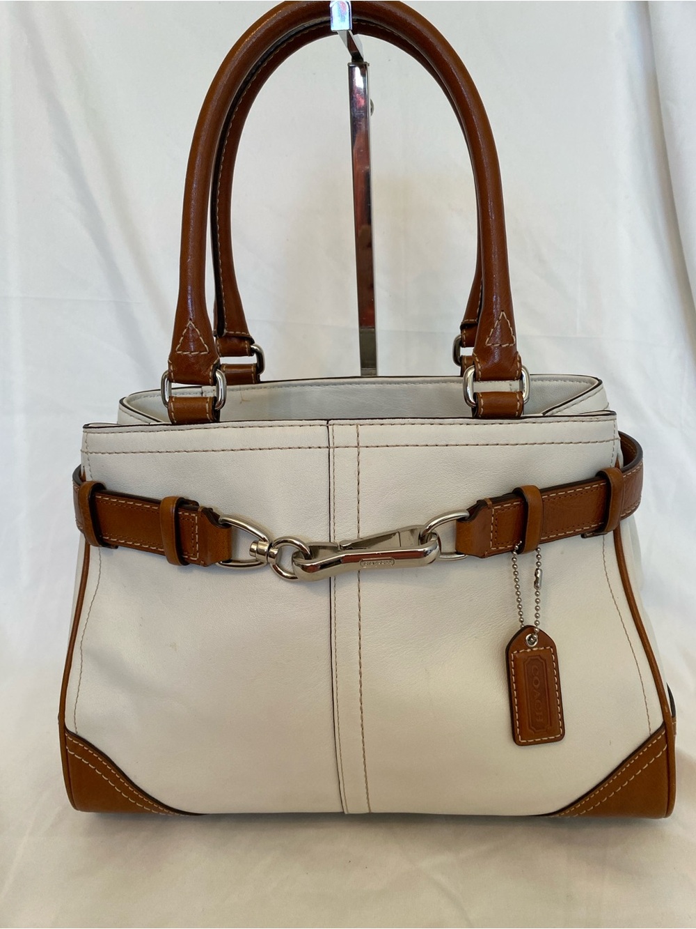 Y2K Coach Hampton, leather satchel bag, white and brown silver hardware